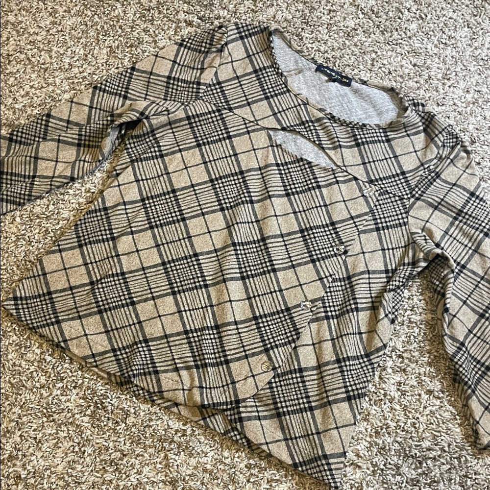 Plaid keyhole crystal button front holiday top